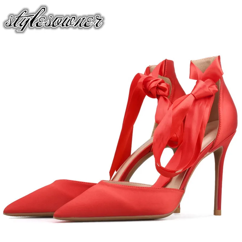 

Stylesowner 2018 New Design Woman Silk Lace up Woman Sandals Pointed Toe High Thin Heels Red Solid Color Cross-tie Sandals Woman