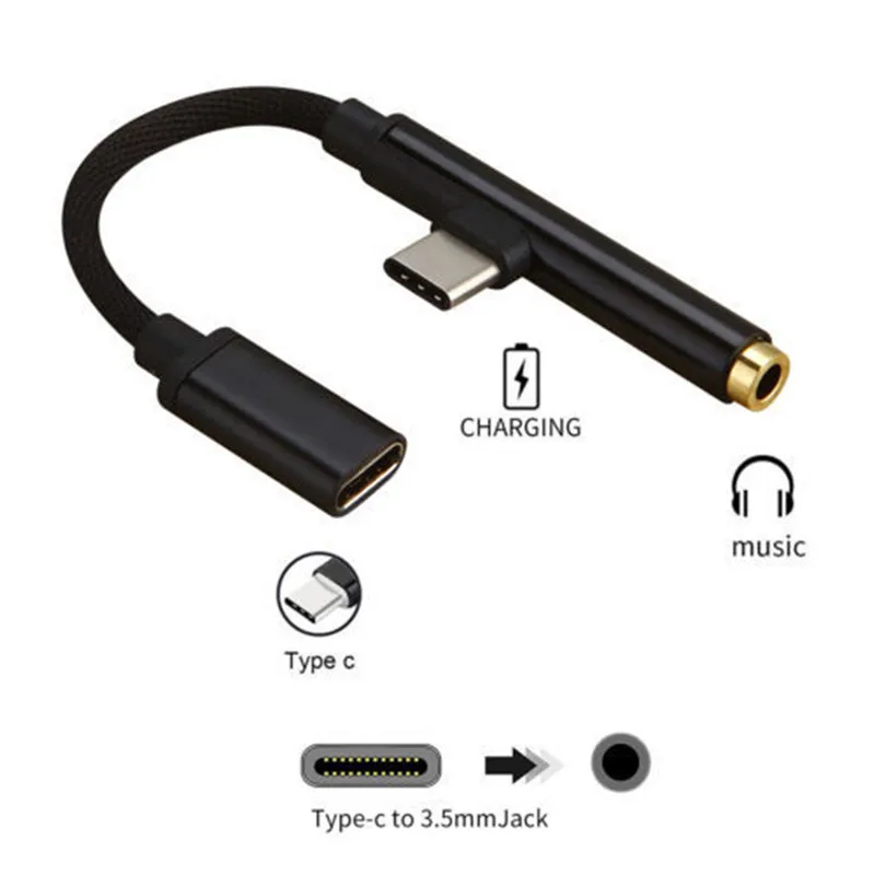 2 in 1 90 Degree USB 3.1 Type C to USB -C 3.5mm Jack Audio Aux Cable Mobile Phone Earphone Headphone Sync Charger Cable Adapter