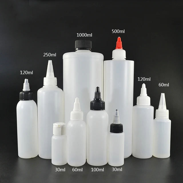 1000pcs *60ml Plastic Glue Bottles Black Long Tip Clear Color With