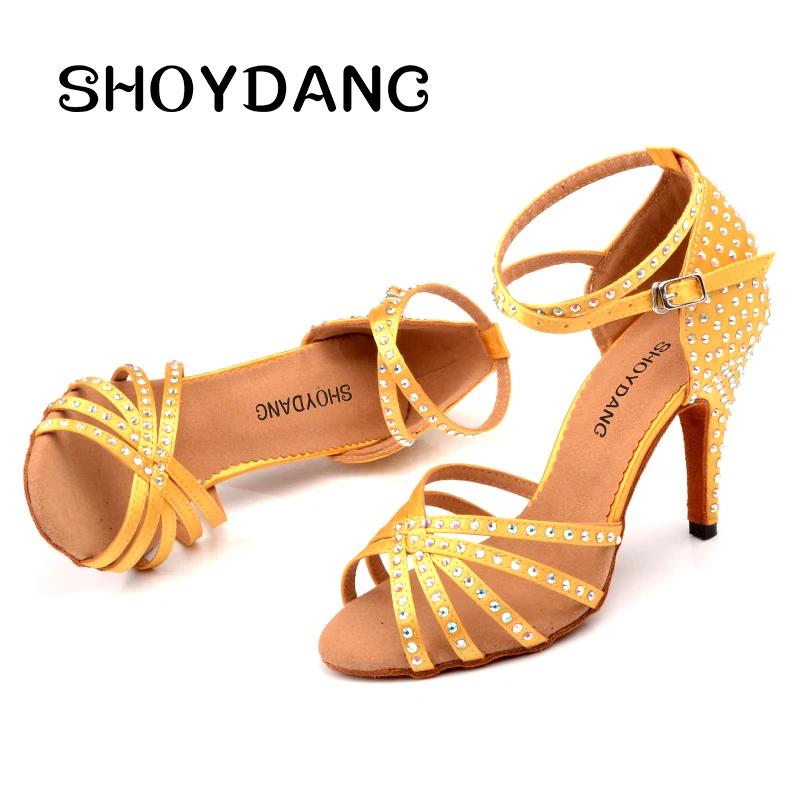 

SHOYDANC Yellow Blue Satin Latin dance shoes Women Rhinestones Ballroom dancing shoes Salsa Party Dance Sandal shoes heels 10cm