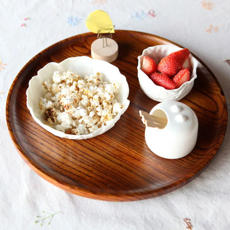 Chinese Style Wooden Food Tray 30CM Diameter Hand Made Natural Wood
