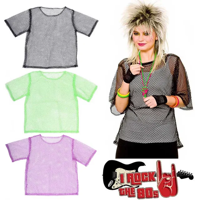 Vest Mash Top 80s Costume Net Neon Punk Rocker Fishnet T Shirt Necklace Bracelet