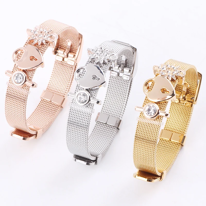 

Couqcy Mesh Bracelet Set Stainless Steel Charm Bracelet Love Lock Bracelet Gold Color Strap Jewelry Fit Women Lover Gift