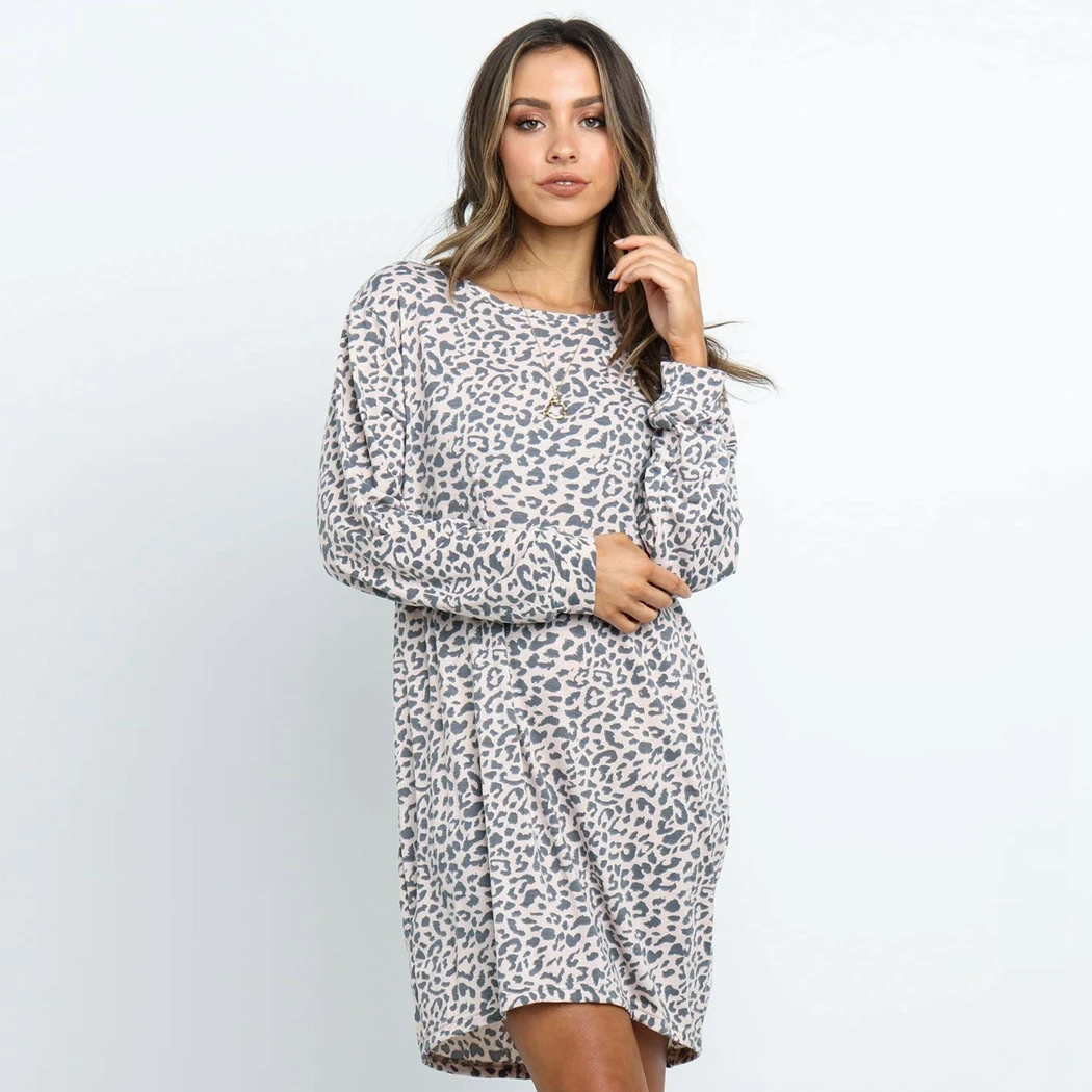 

Women Autumn Casual Leopard Print T Shirt Dresses 2019 Fashion Streetwear Shorts Dress O Neck Short Loose Basic Dress Vestidos