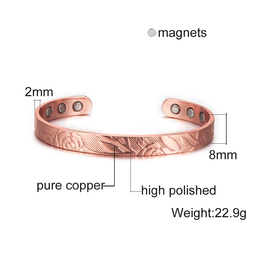Vinterly Magnetic Bracelets Rose Copper Adjustable Cuff Bangles Women Men Energy Jewelry Resizable Pain Relief for Arthritis 5