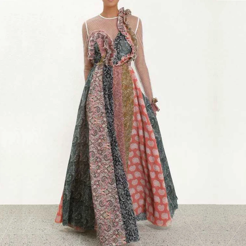 

2019 Runway Designer Vintage Maxi Dress High Waist Mesh Patchwork Ruffles Irregular Long Dresses Holiday Vacation Vestido