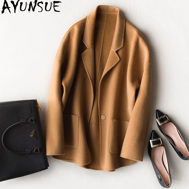 

AYUNSUE 2019 Autumn Winter Fashion Short 100% Wool Cashmere Women's Coats Double Side Wool Coat Female Casaco Feminino FGB213