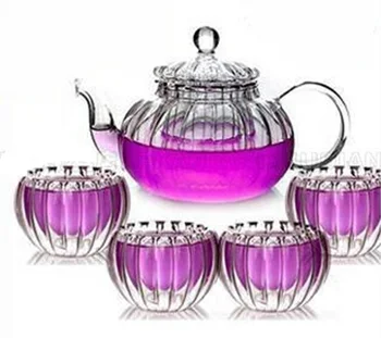 

5pcs/lot pumpkin shape heat resistant glass teapot 1pc 600ml pot+4pc 50ml double glass tea cup hot selling JO 1052