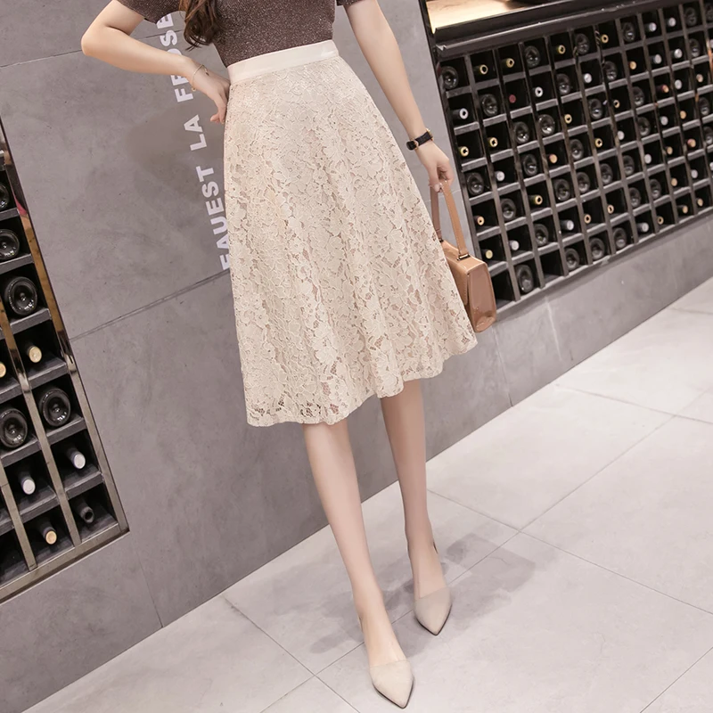 Women Skirt 2019 Spring Summer Skirts Womens Office Lady Elegant Lace Skirt High Waist A Line Midi Skirt Knee Length Jupe Femme