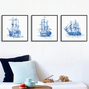 

Elegant Poetry Hand Painted Blue Sailboat Canvas Painting Art Print Poster Picture Wall Paintings Modern Bedroom Home Decoration