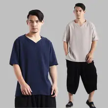 Новая летняя брендовая рубашка мужская с коротким рукавом Свободная хлопковая полотняная Мужская рубашка однотонные футболки с v-образным вырезом плюс размер блузка M-5XL 6XL