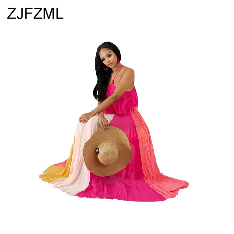 

Contrast Color Summer Pleated Dresses Women Spaghetti Strap Backless Boho Beach Dress Sexy Off Shoulder Back Zipper Maxi Dress