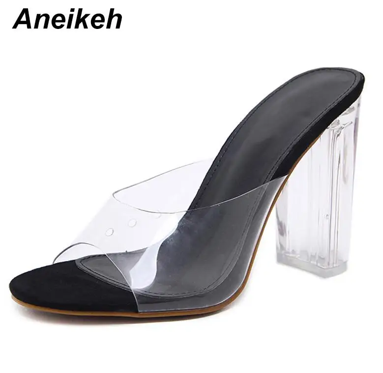 Aneikeh/; прозрачные босоножки из пвх; Леопард с кристаллами; открытый носок; Высокий каблук; женские босоножки на прозрачном каблуке; шлепанцы; Туфли-лодочки; 11 см; 41, 42 - Цвет: Black