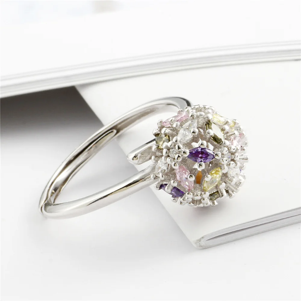 colorful zircon ball wedding ring 100% Sterling 925 silver Jewelry Vintage Adjustable rings for women girl gift free size ring