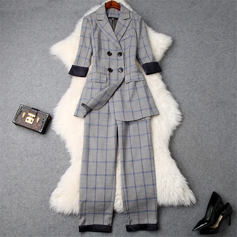 

2019 Spring New OL 2Piece Pants Suit Set Women Designers Notched Plaid Long Blazer+Pants Set Elegant Vintage Formal Outfits