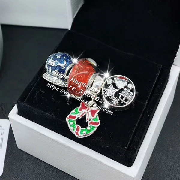 

4pcs Fashion Jewelry Set S925 Silver Blue Enamel Christmas Carriage Charms Fit DIY Bracelet Necklaces Jewelry Making Woman Gift