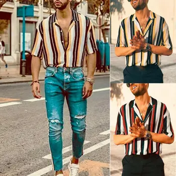 

Men Fashion Shirts Casual Striped Lapel Hawaiian Shirt Turn-down Collar Short Sleeve Men Casual Beach Shirts New Arrivals