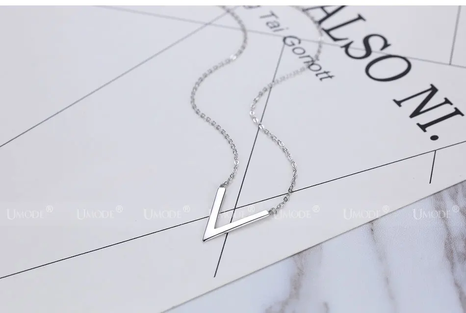 UMODE V Letter 925 Sterling Silver Chain Necklaces Pendant for Women Simple Korean Fashion Jewelry collares de moda ULN0204