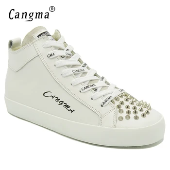

CANGMA Designer Genuine Leather Shoes Women's Rivets White Sneakers For Girls Casual Shoes Mid Lace Up Footwear Female