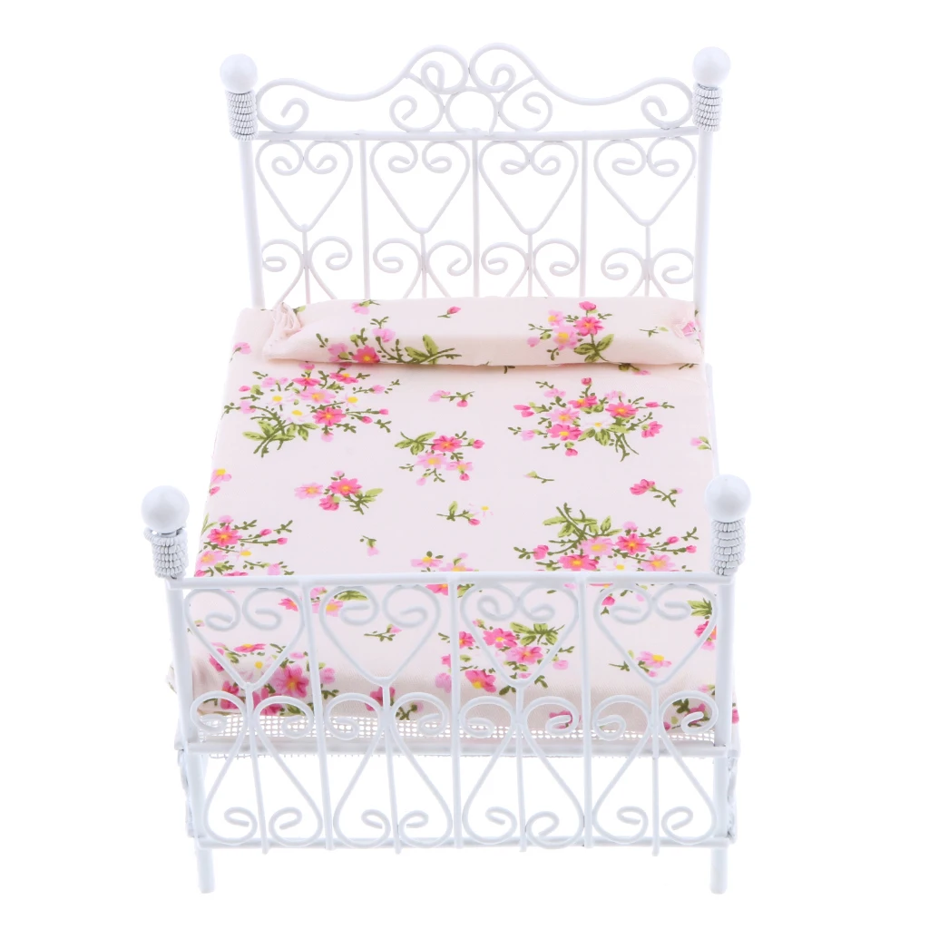 1:12 Dollhouse Miniature Metal European Retro Double Bed Bedroom Furnitures Pretend Play Classic Toys for Children Birthday Gift