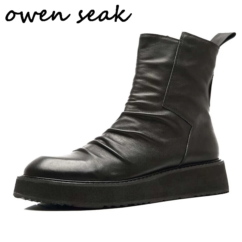 

Owen Seak Men Shoes High-TOP Ankle Boots Luxury Trainers Cow Leather Men Height Increasing Casual Zip Flat Sneakers Shoes