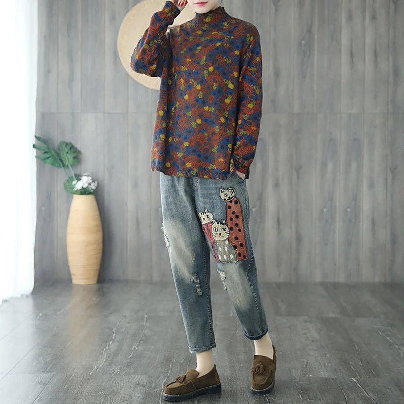 Plus Size Ladies Loose Embroidered Cute Cat Jeans Woman 2019 Summer Female Boyfriend Jeans for Women Clothes Denim Pants Jeans