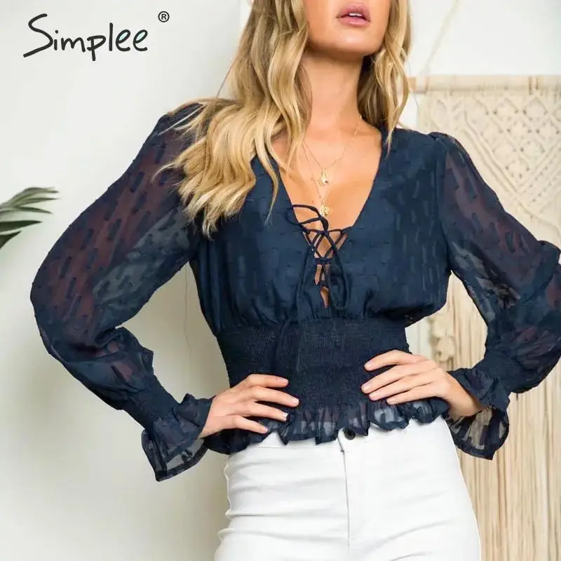 

Simplee Ruffled v -neck women chiffon blouse shirt Puff sleeve female peplum top shirt Elastic high waist lace up ladies shirt