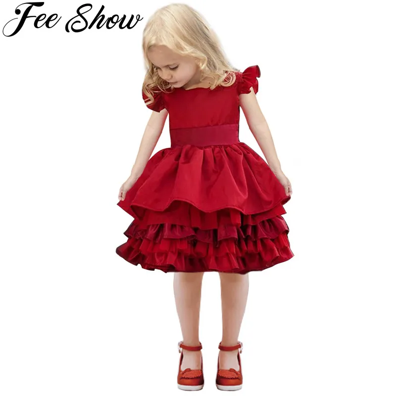 

2-8Y Red Flower Girl Princess Dress Ruffled Petal Sleeves Tiered Kid Dresses for Pageant Wedding Birthday Party Dress Clothes