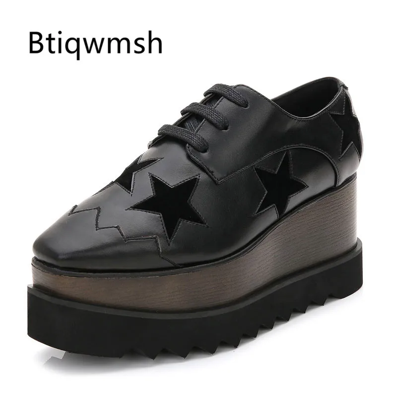 

2019 British Style Platform Wedges Shoes Woman Square Toe Black White Gold Silver Star Lace Up Loafer Shoes ladies Casual Shoes