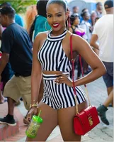 Summer printed milk-silk black-and-white striped vest and shorts two-piece set H9288