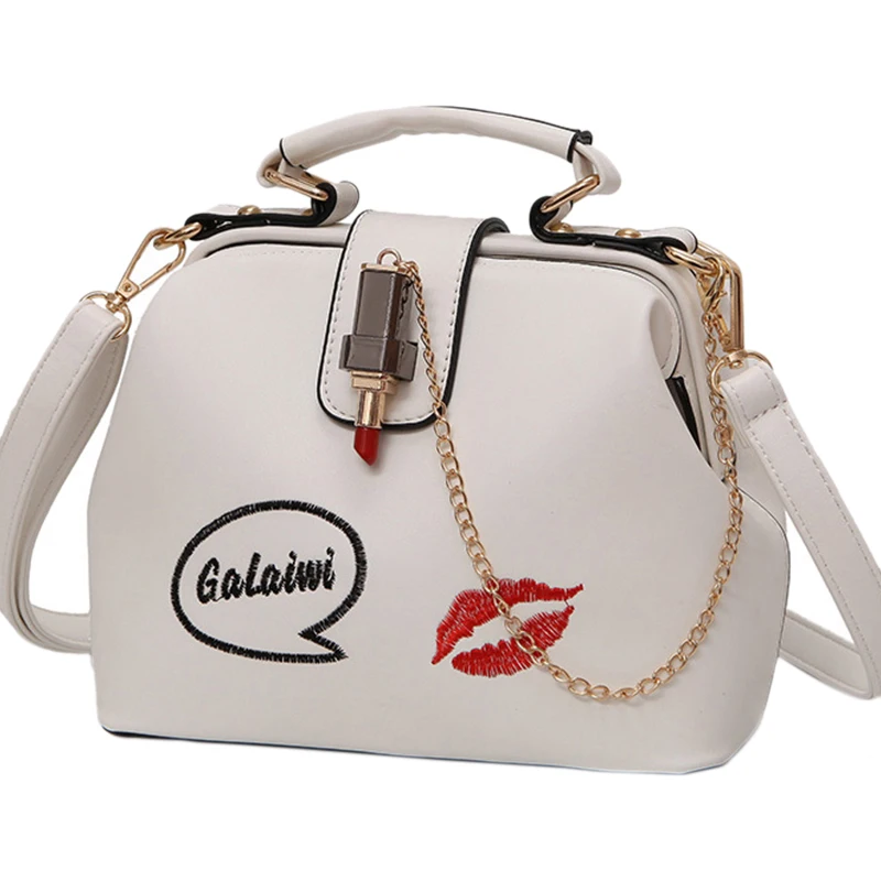 

ABDB-Women Handbag PU Women Shoulder Bag Small Doctor Crossbody Handbag Embroidered Lipstick Chain Design Casual Bags Satchel