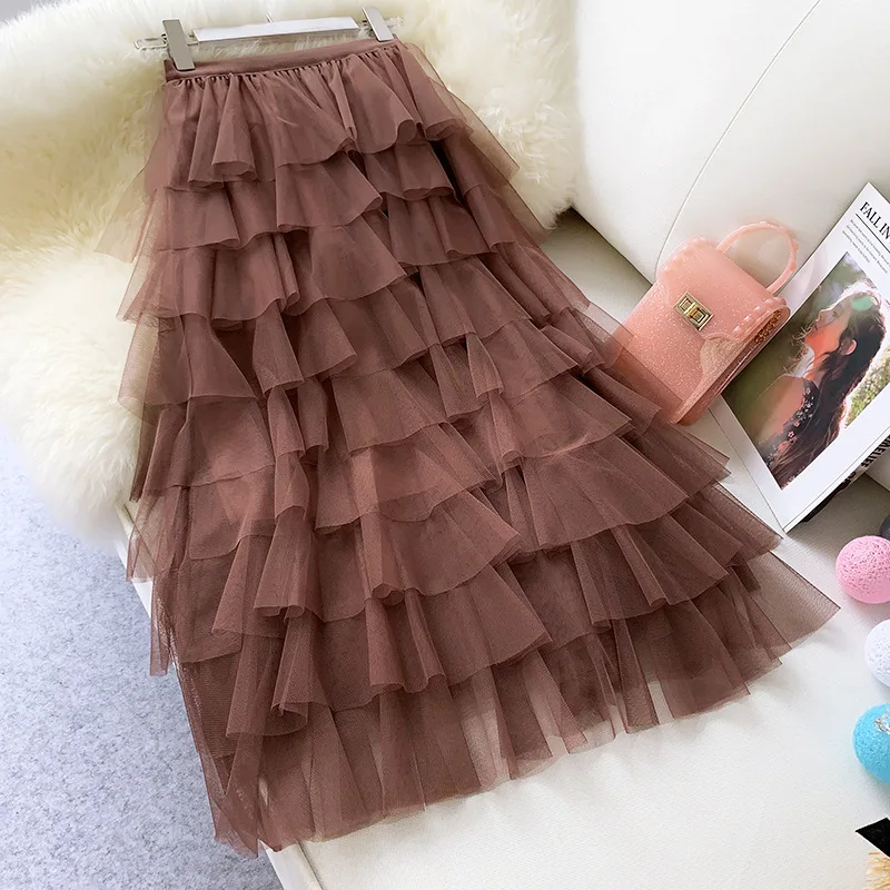 Модная летняя эластичная многослойная юбка из тюля с высокой талией для женщин, женские юбки розового, черного, белого, коричневого цвета, женская Юбка saia