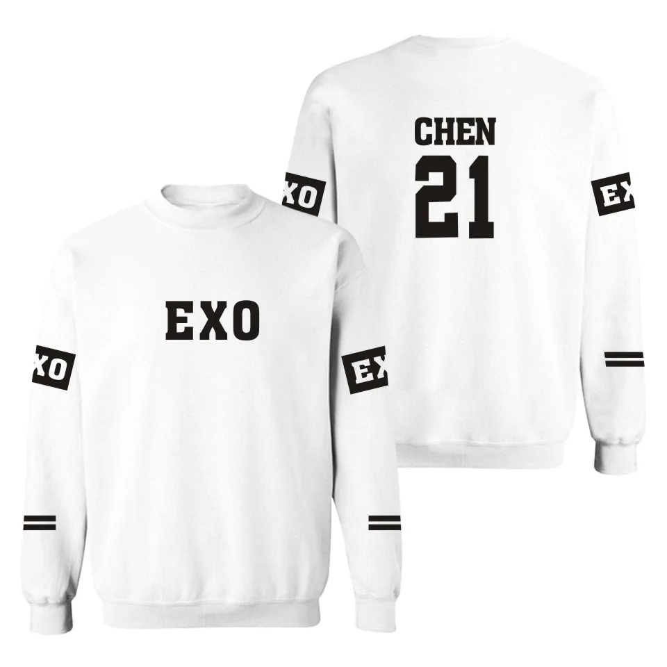 Kpop EXO принтованная Женская/мужская кофта с капюшоном Толстовка Suho Sehun черная Осенняя верхняя одежда для фанатов Толстовка без шапочки размера плюс - Цвет: White