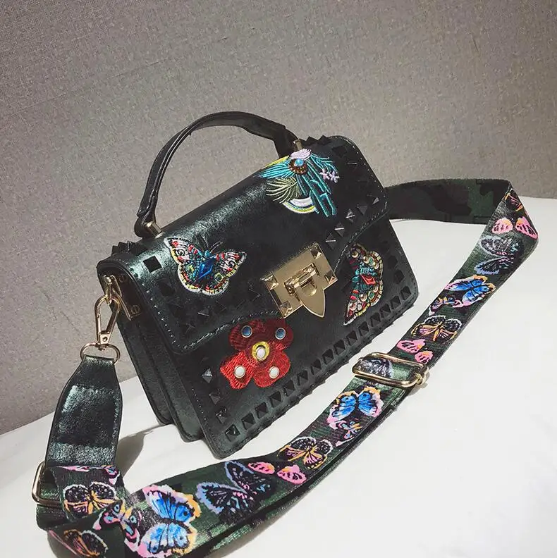 Винтажная модная сумка из искусственной кожи, женская дизайнерская сумка с вышитыми цветами и заклепками, женская сумка через плечо - Цвет: Черный