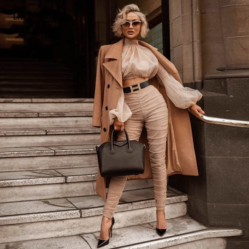 

2018 new women's casual jumpsuit zipper high collar long puff sleeve thick section jumpsuit fashion pleated tights jumpsuit