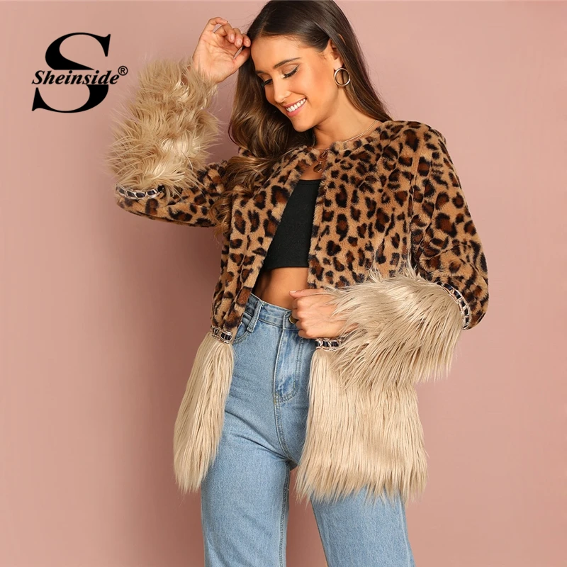 Sheinside Contrast Faux Fur Coat Leopard Print Winter Jacket Women 2018 Long Sleeve Outerwear Casual Womens Coats And Jackets