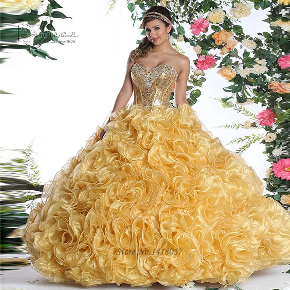Latest Design Gold Cheap Quinceanera Dresses Gowns with Jacket Organza Sequin Vestidos de 15 anos Debutante Sweet 16 Dresses