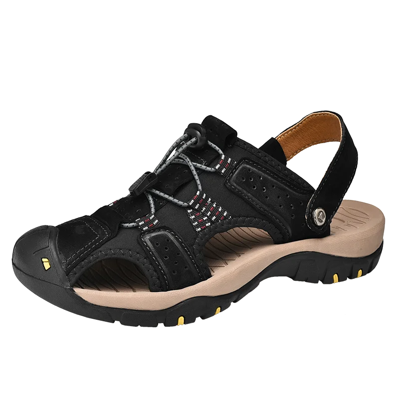 Vosonca Men Shoes Summer Hollow Baotou Flip Flop Sandals For Men's Genuine Leather Casual Breathable Soft Outdoor Sports Sandals