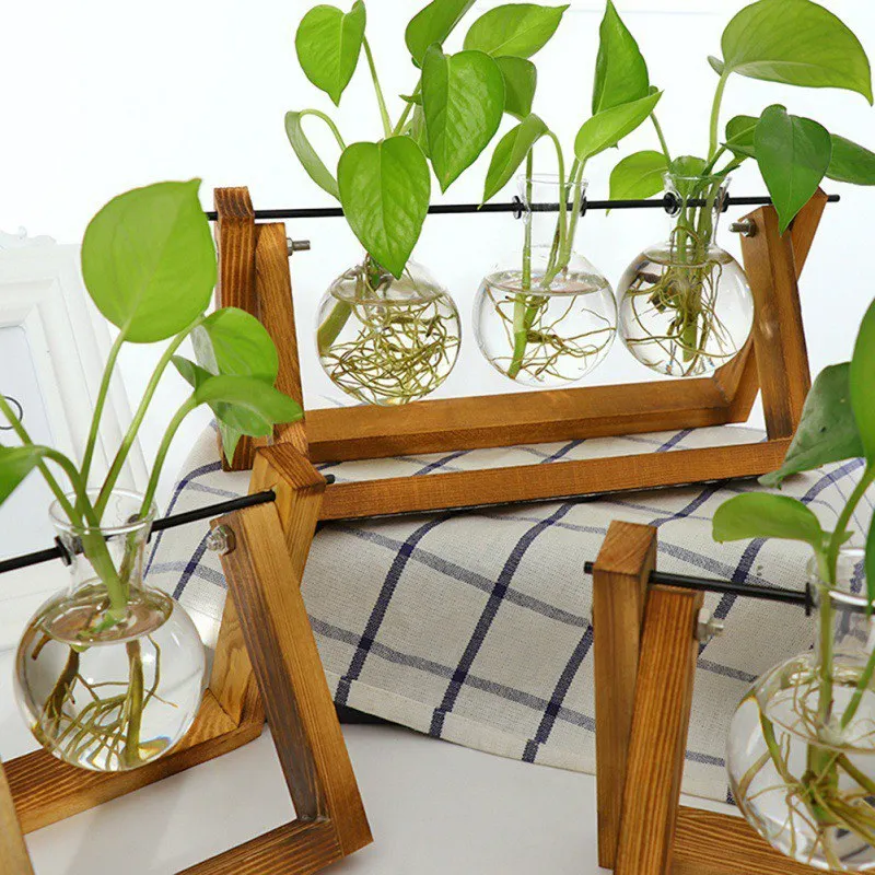 Винтажная креативная гидропонная ваза прозрачная ваза деревянная рамка ваза для декора стеклянная столешница растение бонсай Декор