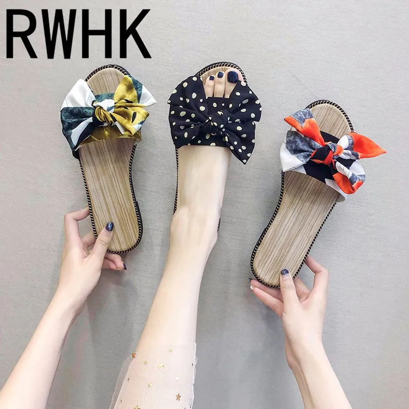 

RWHK Flat bottom slippers for women wearing fashion 2019 new bow anti-slip fashion flip-flops versatile slippers B210