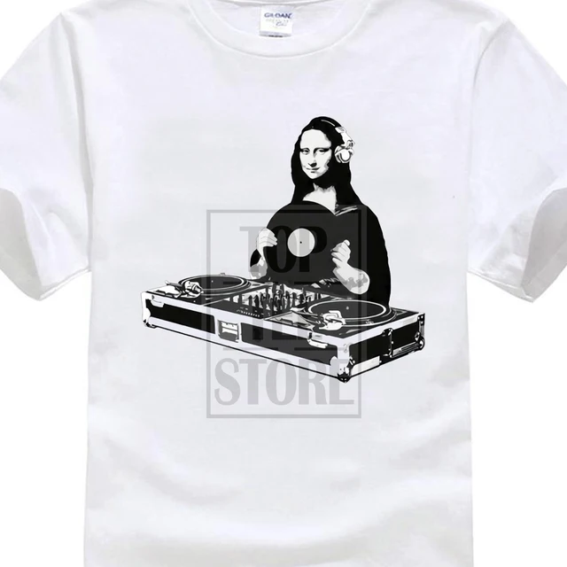 Leonardo Da Vinci pintura de la Mona Lisa Dj de música-B & w gracioso de los hombres T camisa de Hipster, moda de verano gran descuento