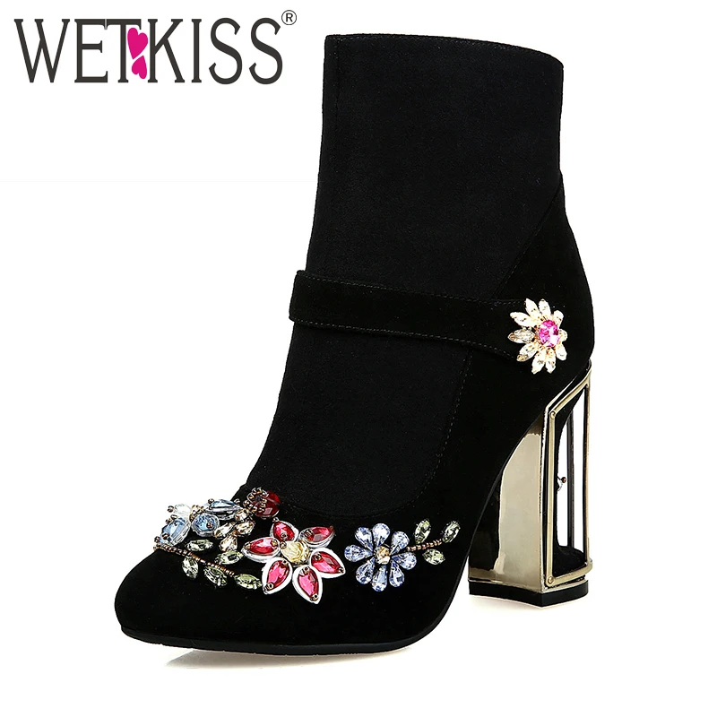cristallo floreale Wetkiss tacco caviglia naturale uccello nero scarpe viola alto autunno stivali arrivo Nuovo in Marchio pelle gabbia donna Design wRSXIR