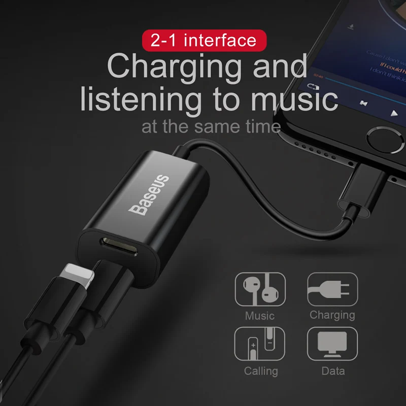Baseus 2in1 Audio Charger Adapter Cable For iPhone7 6 plus Aux audio Cable Earphone Adapter Calling Charging Data transmit Cable Baseus 2in1 Audio Charger Adapter Cable For iPhone7 6 plus Aux audio Cable Earphone Adapter Calling Charging Data transmit Cable