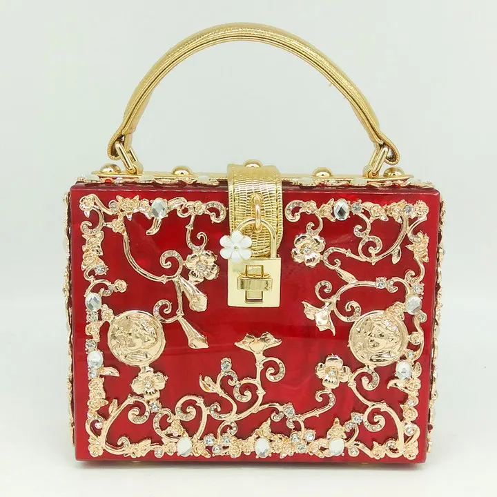Boutique De FGG модная женская черная акриловая сумка через плечо с цветком из кристаллов, сумка через плечо, вечерняя сумка-клатч - Цвет: Red Handbag