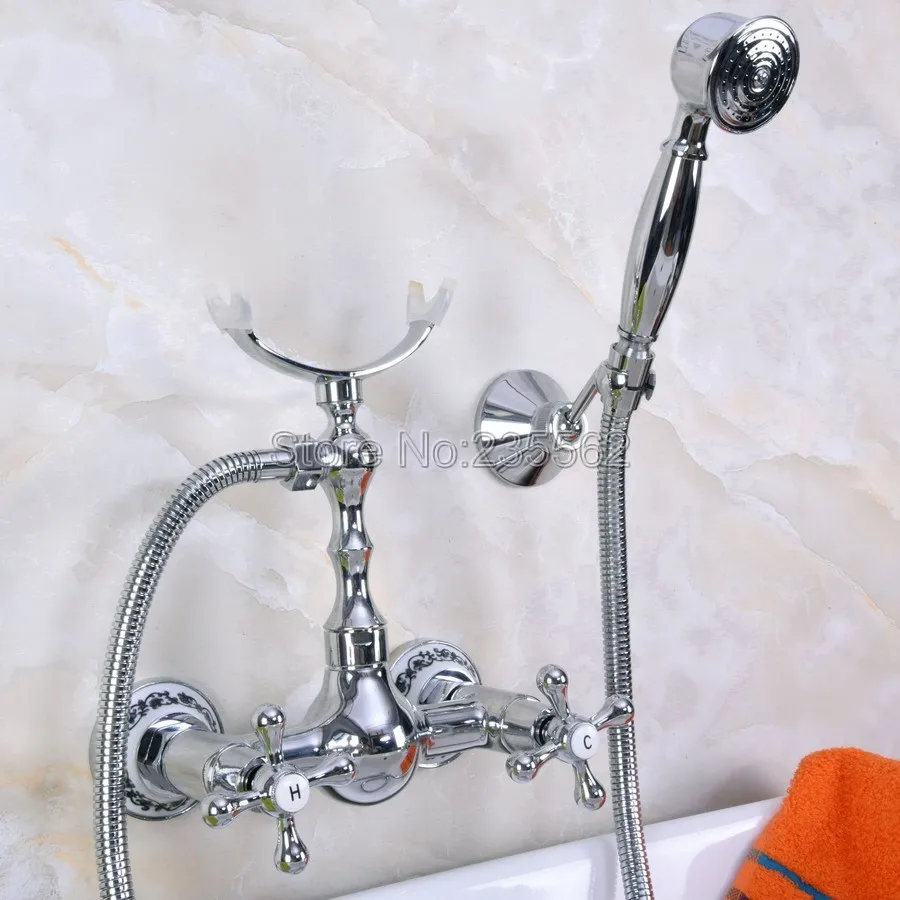 Chrome Bathroom Wall Mounted Clawfoot Bath Tub Faucet Hand showerl lna255