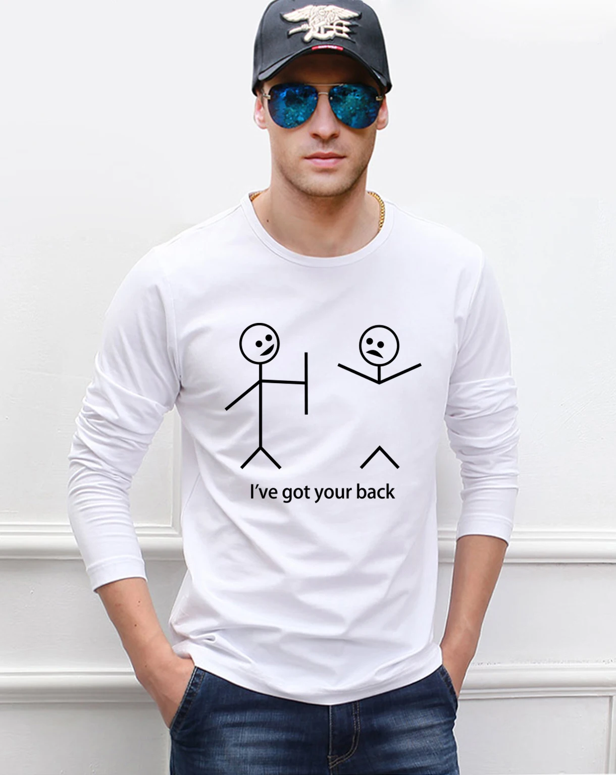 Забавные футболки нарисованные человечки для мужчин с длинным рукавом футболки 2019 Новые Весна 100% хлопок высокое качество человек