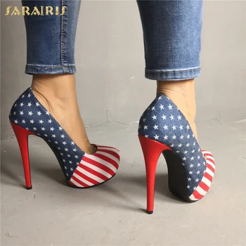 

SARAIRIS Sexy American Print Plus Size 47 Party Women Shoes Platform Nightclub Thin High Heels Shoes Woman Pumps