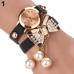 Горячая новинка 2015 для женщин со стразами бантом Имитация жемчуга браслет кварцевые искусственная кожа наручные часы 5LBI