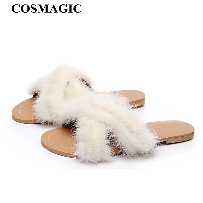 COSMAGIC/модные дизайнерские милые меховые тапочки с крестиками; Новинка года; женские летние пляжные шлепанця на плоской подошве из искусственной кожи