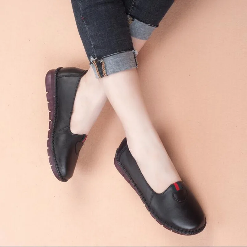 

Spring autumn new Genuine Leather flat shoes soft bottom mother shoes hand-stitched casual shoes Muscle Sole